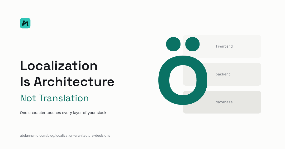 Three stacked architectural layers with the character ö highlighted in teal — blog cover for localization architecture article